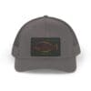 Gray cap with a black patch featuring a fish design.