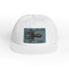 White baseball cap with a blue patch featuring a squid illustration.