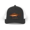 Black and white trucker hat with a fish graphic and text.