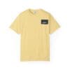 Simple yellow T-shirt with a small black patch on the chest.