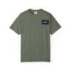 Olive green T-shirt with a small rectangular logo on the left chest.
