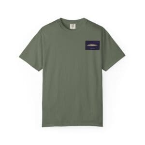 Olive green T-shirt with a small rectangular logo on the left chest.