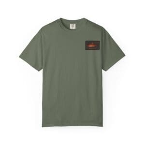 Olive green T-shirt with a small brown patch on the chest.