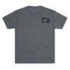 Gray T-shirt with a small colorful patch on the chest.