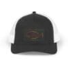 Black and white baseball cap with an embroidered fish logo.