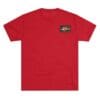 Red t-shirt with a small black and red logo on the chest.