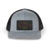 Gray and black trucker hat with a fish emblem patch on the front.