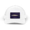 White cap with a navy blue rectangular patch featuring a gold emblem.