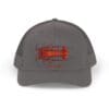 Gray baseball cap with red embroidered design on the front.