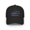 Black baseball cap with a car graphic and text design.