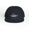 Black cap with a fish illustration and text.