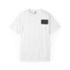 White t-shirt with a black chest pocket.