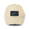Beige distressed cap with a vintage car patch design.