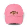 Pink baseball cap with a tiger and text design.