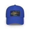 Blue baseball cap with a colorful graphic and text patch on the front.