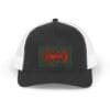 Black and white trucker hat with red and green embroidered text on front.