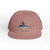 A dusty pink cap with a blue marlin fish and 'The Angler' text.