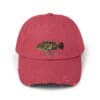 Red baseball cap with a fish embroidery on the front.