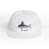 White baseball cap with a shark illustration and text.