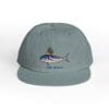Gray cap with a fish illustration and text.