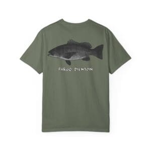 Green t-shirt with a fish graphic and 'Mossy Fishing' text.