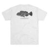 White t-shirt with black fish graphic and text design.