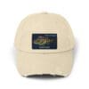 Beige distressed baseball cap with a blue patch and yellow text.