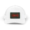 White baseball cap with a black and red rectangular patch design.