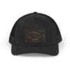Black baseball cap with a brown embroidered fish logo on the front.