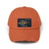 Orange baseball cap with a California-themed patch.