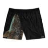 Black shorts featuring a detailed owl print on one side.