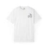 White T-shirt with small black text on the chest.