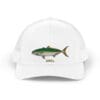 White cap featuring a detailed fish illustration.