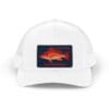 White cap featuring a vibrant red fish illustration on the front.