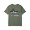Green t-shirt with a fish graphic and text on the back.