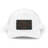 White baseball cap with a black patch featuring a stylized fish design.