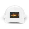 White cap with a vintage-style colorful patch design on the front.