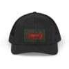 Black baseball cap with a red and green embroidered design on the front.
