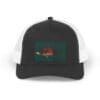 Black and white trucker hat with a colorful patch of a red fish on green background.