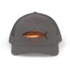 Gray baseball cap with a copper-colored fish design on the front.