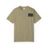 Beige t-shirt with a black rectangular patch on the chest.