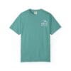 Teal short-sleeve t-shirt with small white text design on chest.