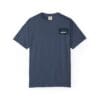 Navy blue t-shirt with a small chest pocket featuring a subtle design.