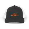 Black and white trucker hat with a fish design on the front.