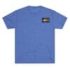 Blue t-shirt with a small rectangular logo on the chest.