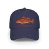 Navy blue cap with a detailed red fish embroidery.