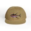 Khaki cap with a colorful fish design on the front.