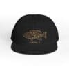 Black snapback hat with a fish graphic and text on the front.