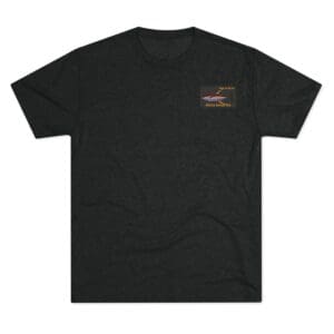 Black T-shirt with a small logo on the chest pocket area.