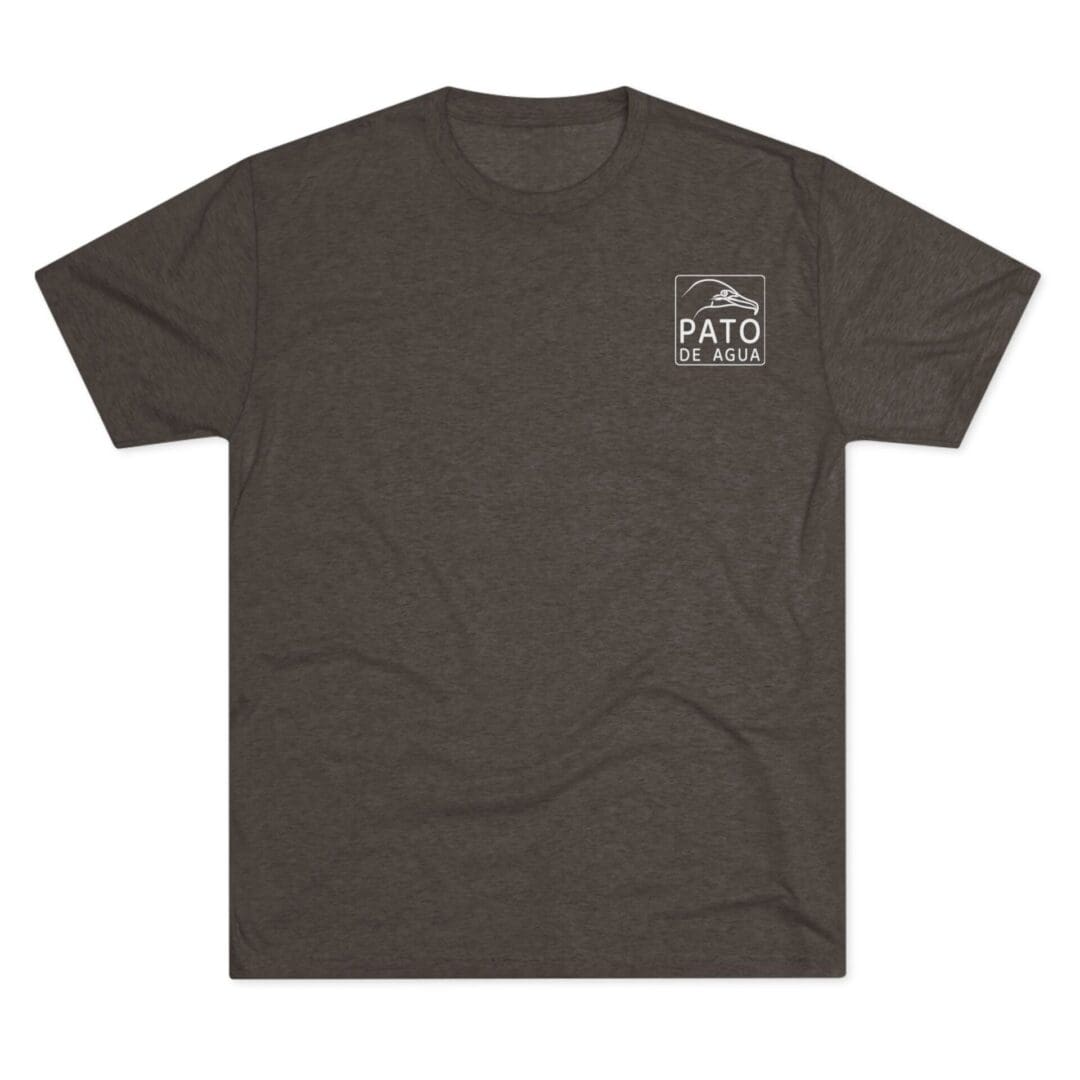 Dark gray T-shirt with a small white graphic logo on the left chest area.